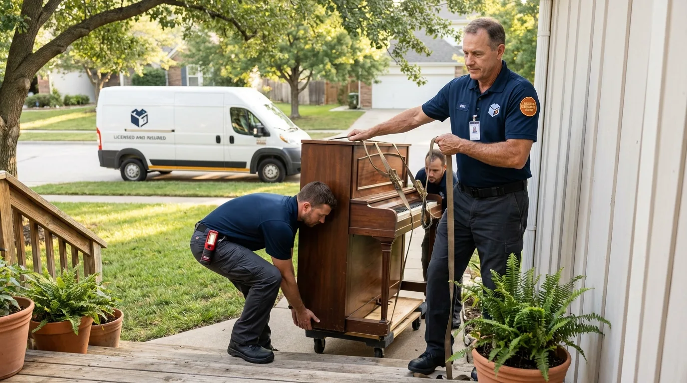 Licensed piano movers securing grand piano in Warrenville, IL