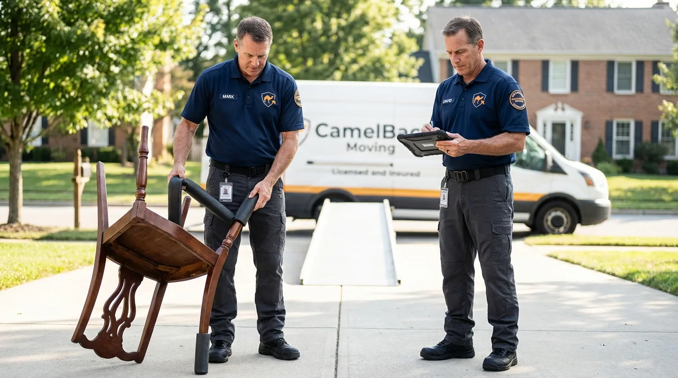 Movers inspecting furniture for damage prevention before loading in Warrenville, IL