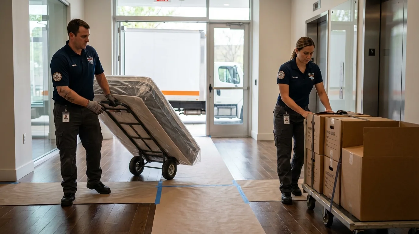 Professional apartment movers loading elevator in Warrenville, IL